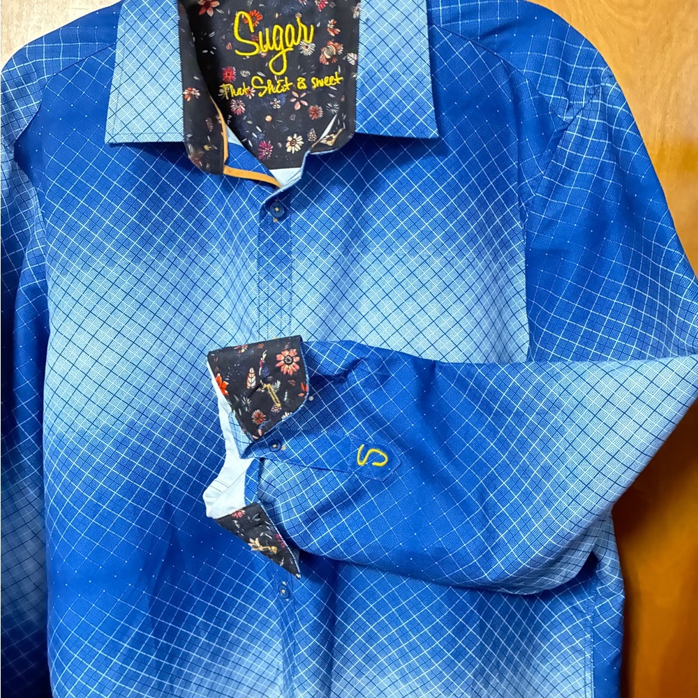 Men's XL Blue Geometric pattern button up Sugar That Shirt is Sweet Flip Cuffs